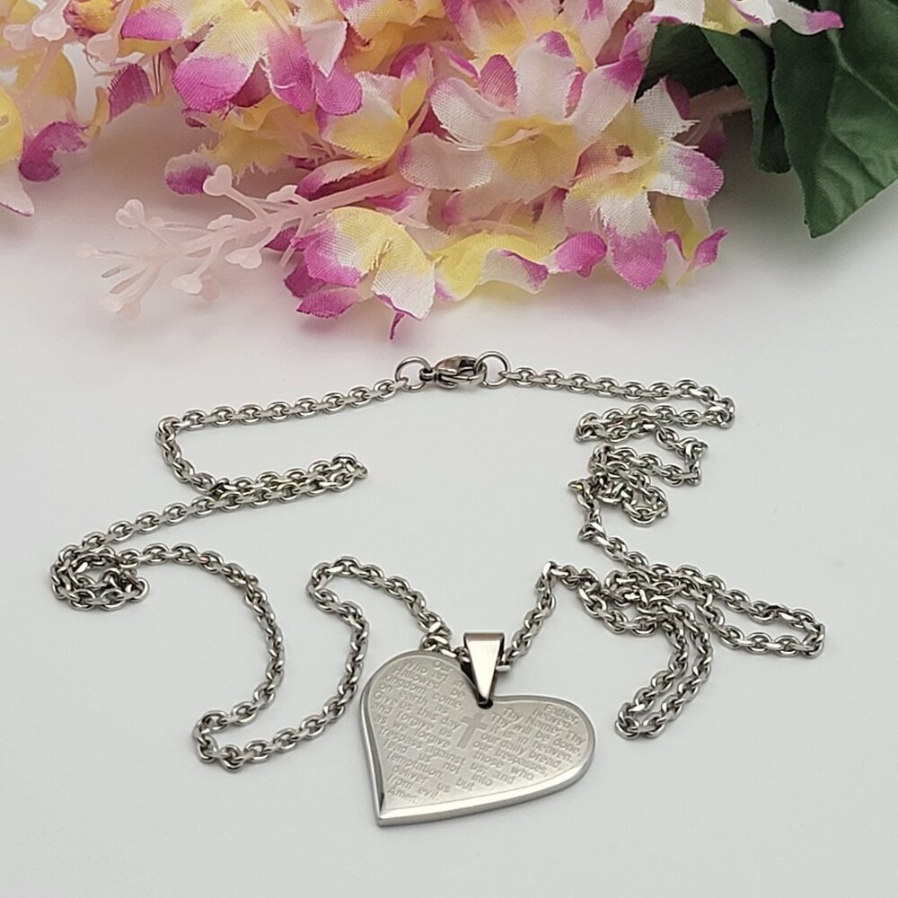 Edforce OUR LORD PRAYER Heart Pendant Necklace Stainless Steel 24" Lobster Clasp